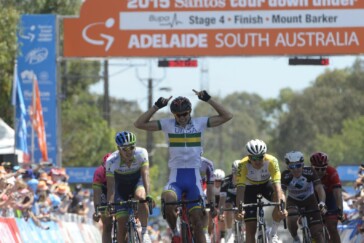 Jack Bobridge wearing the Ochre leaders jersey last year at the Tour Down Under. Photo by Sirotti.